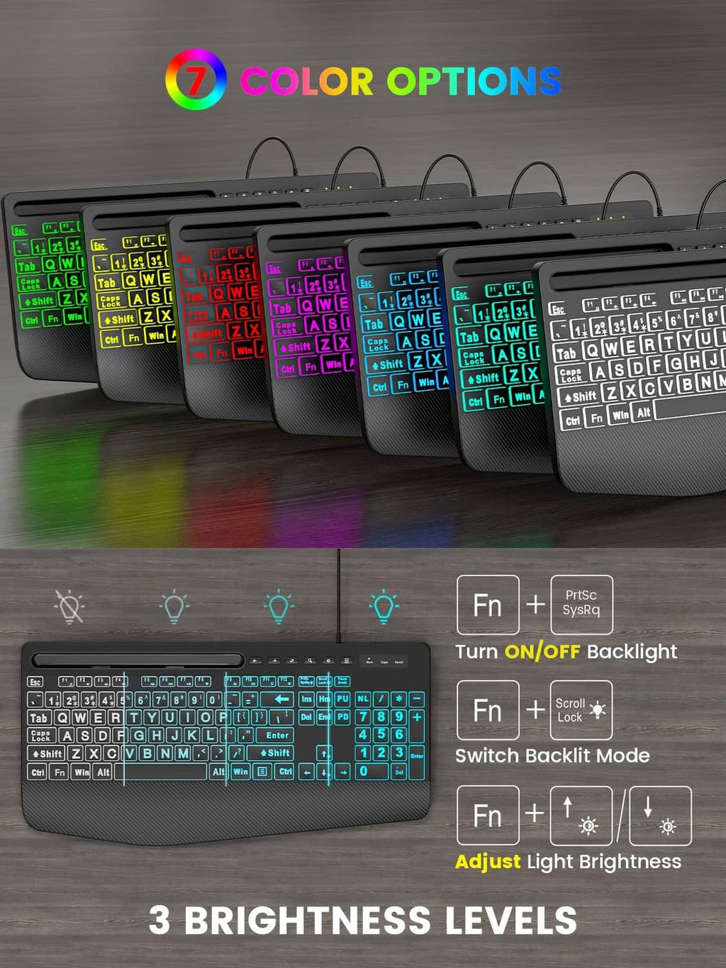 Backlit keyboard set showing multiple color options and brightness levels