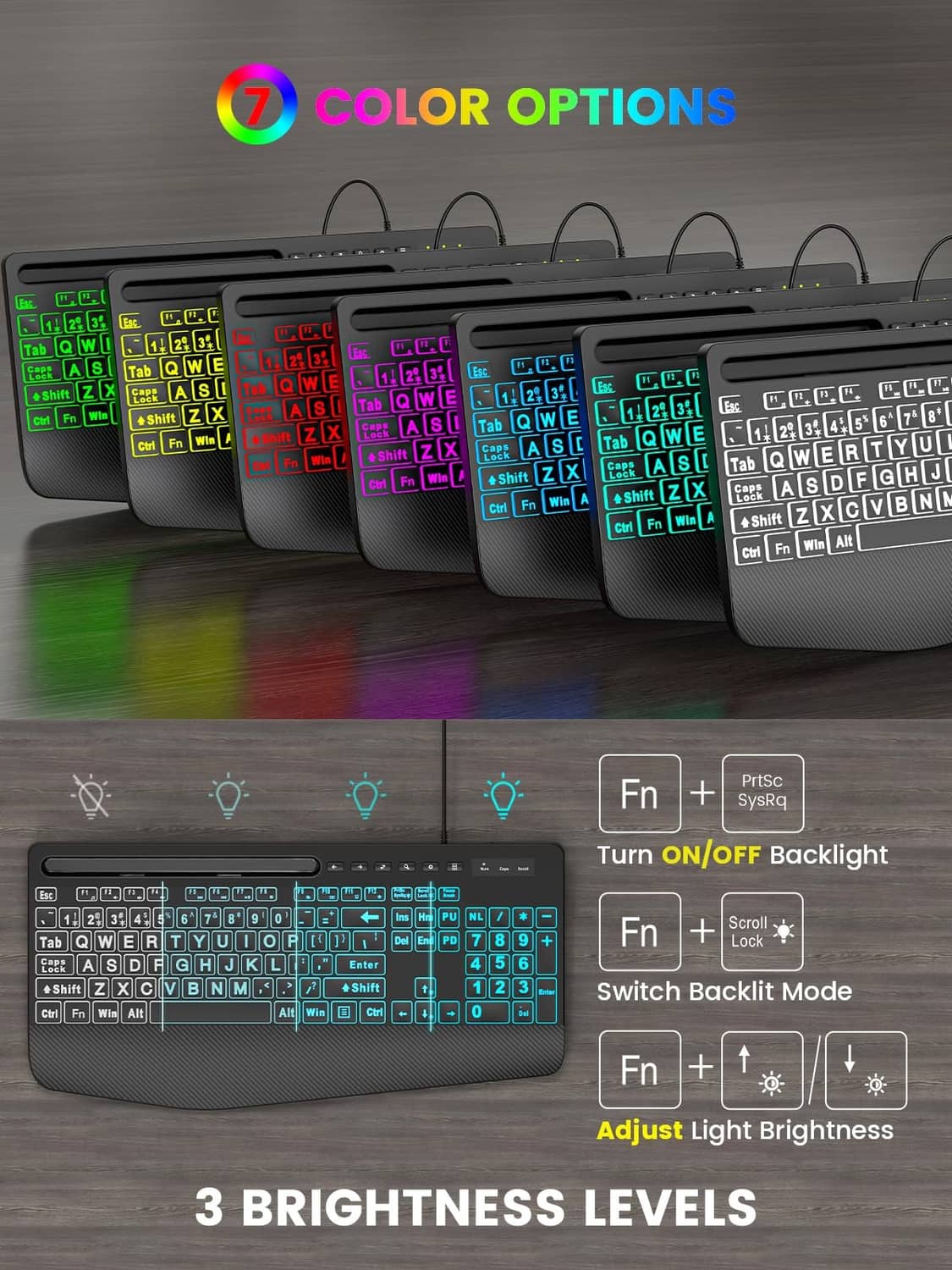 Backlit keyboard set showing multiple color options and brightness levels