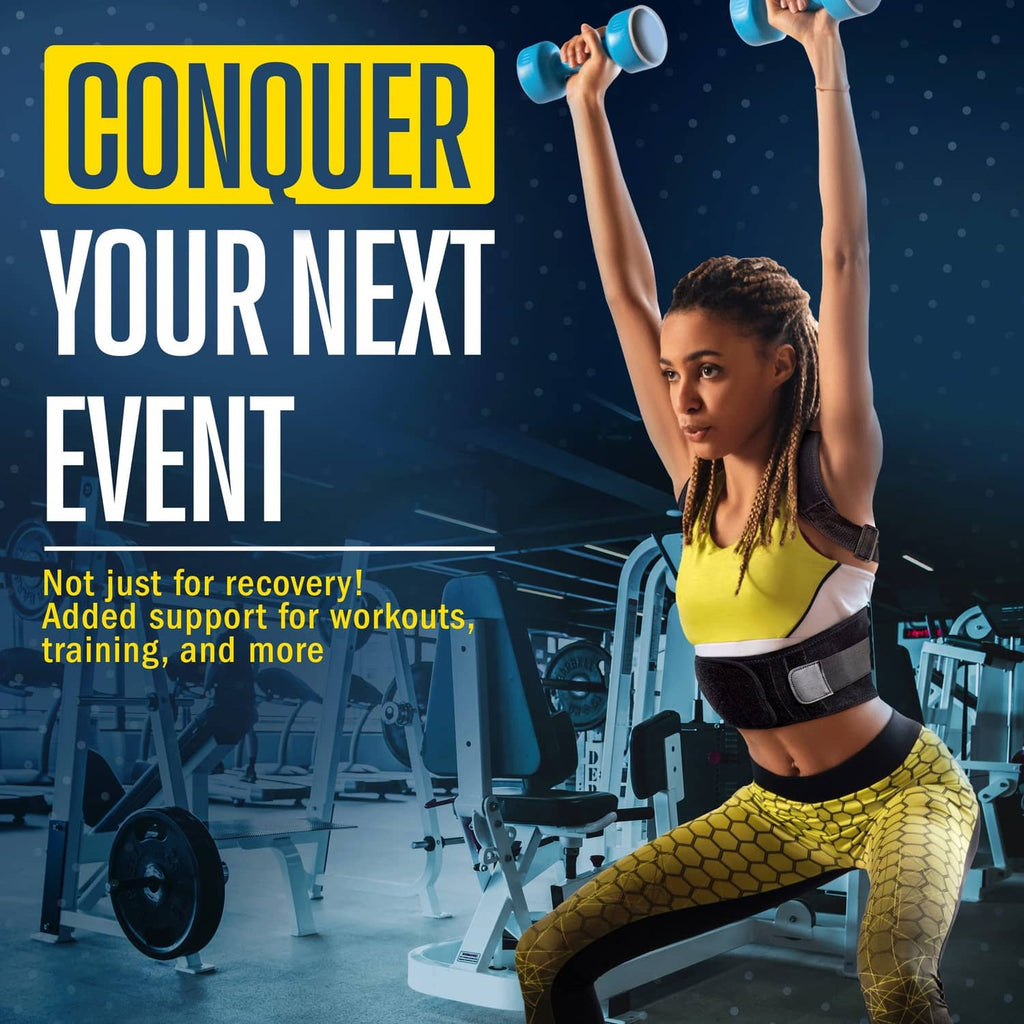 Black posture corrector back brace worn during dumbbell exercise, with adjustable straps.