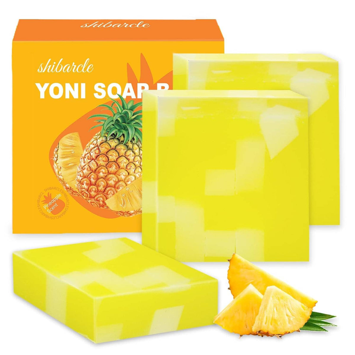 Yellow yoni soap bars and orange box packaging, three-pack with pineapple slice