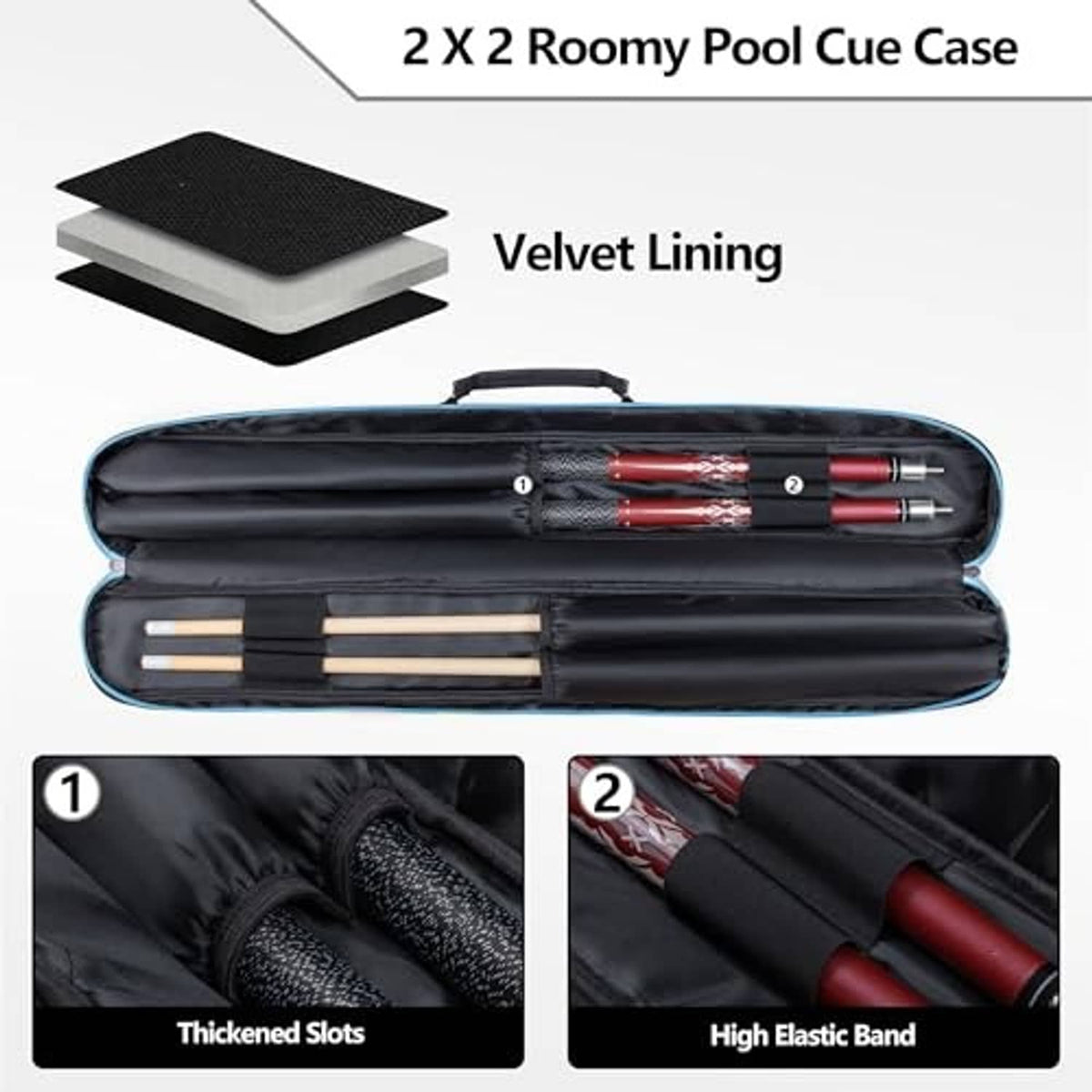 Blue and black 2x2 pool cue case with velvet-lined interior and double-zip closure