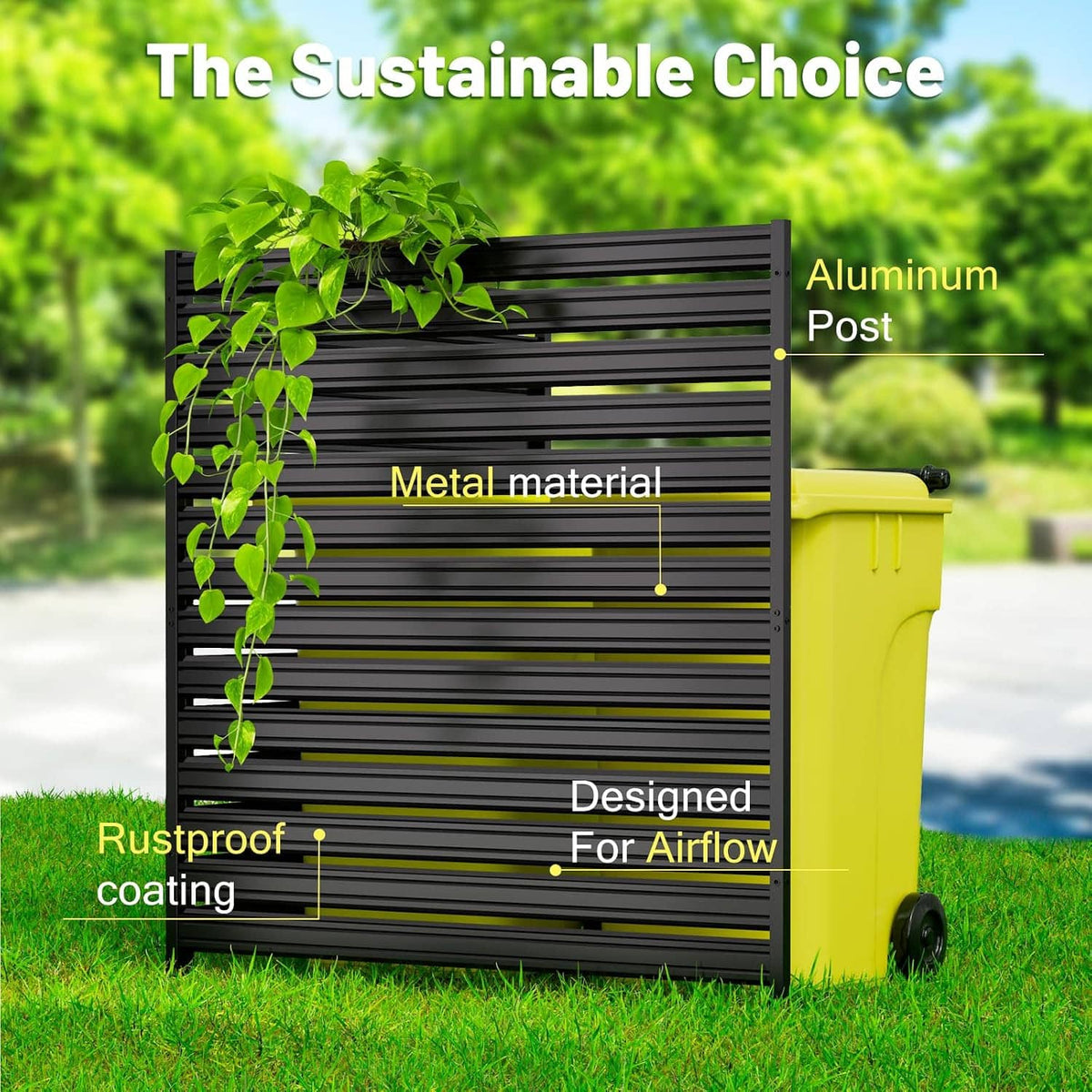 Black metal privacy fence screen with horizontal slats and smooth corner posts.