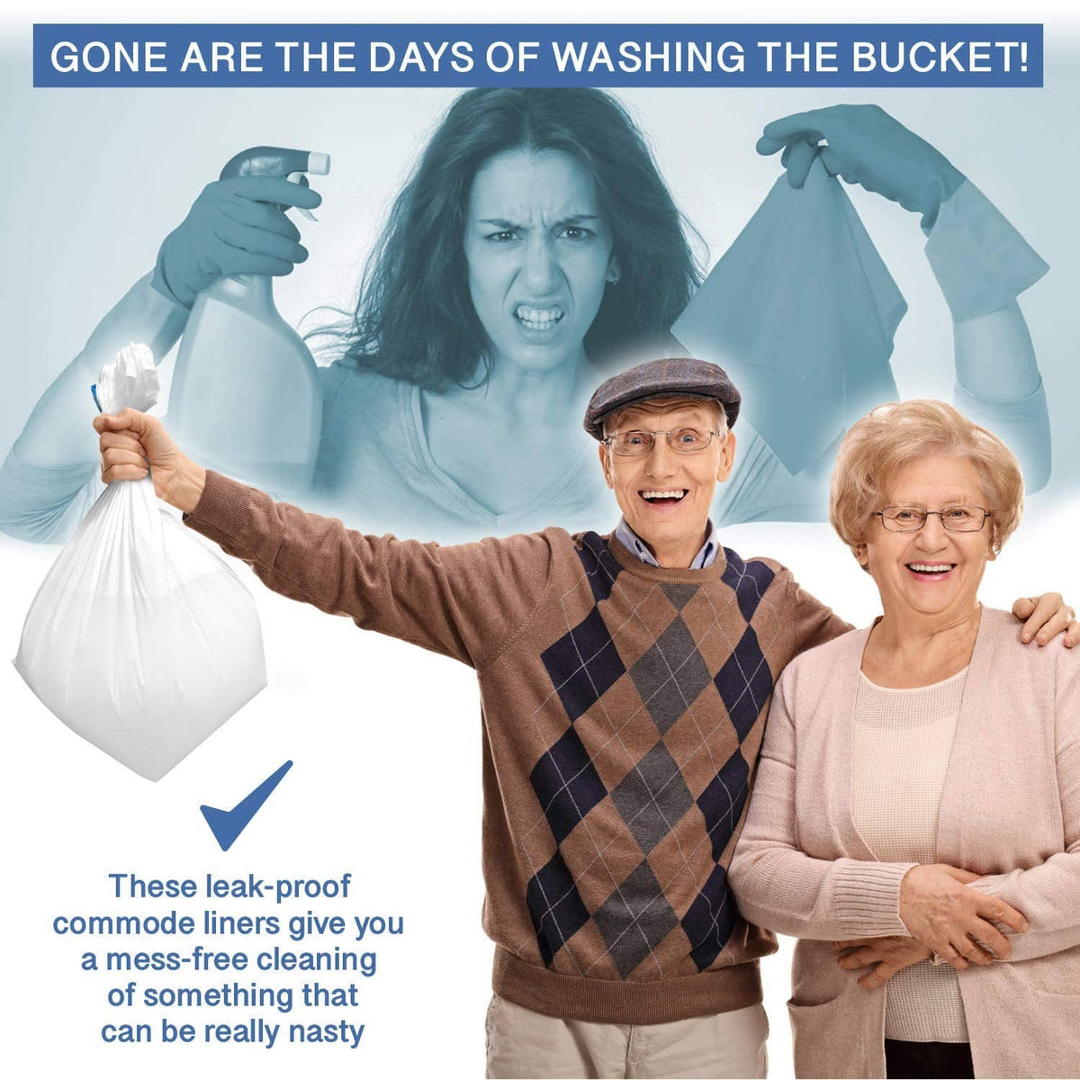 Portable commode liner bags laid out in a fan shape, white with blue sealing tabs