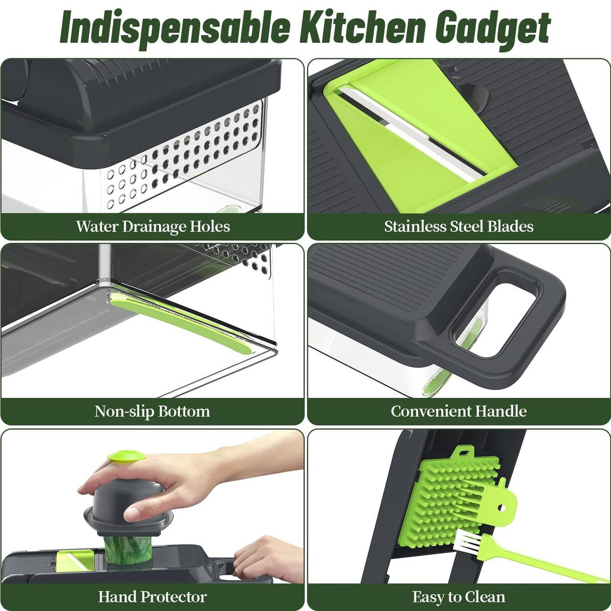 Vegetable chopper close-up showing stainless steel blades, drainage holes, and non-slip base