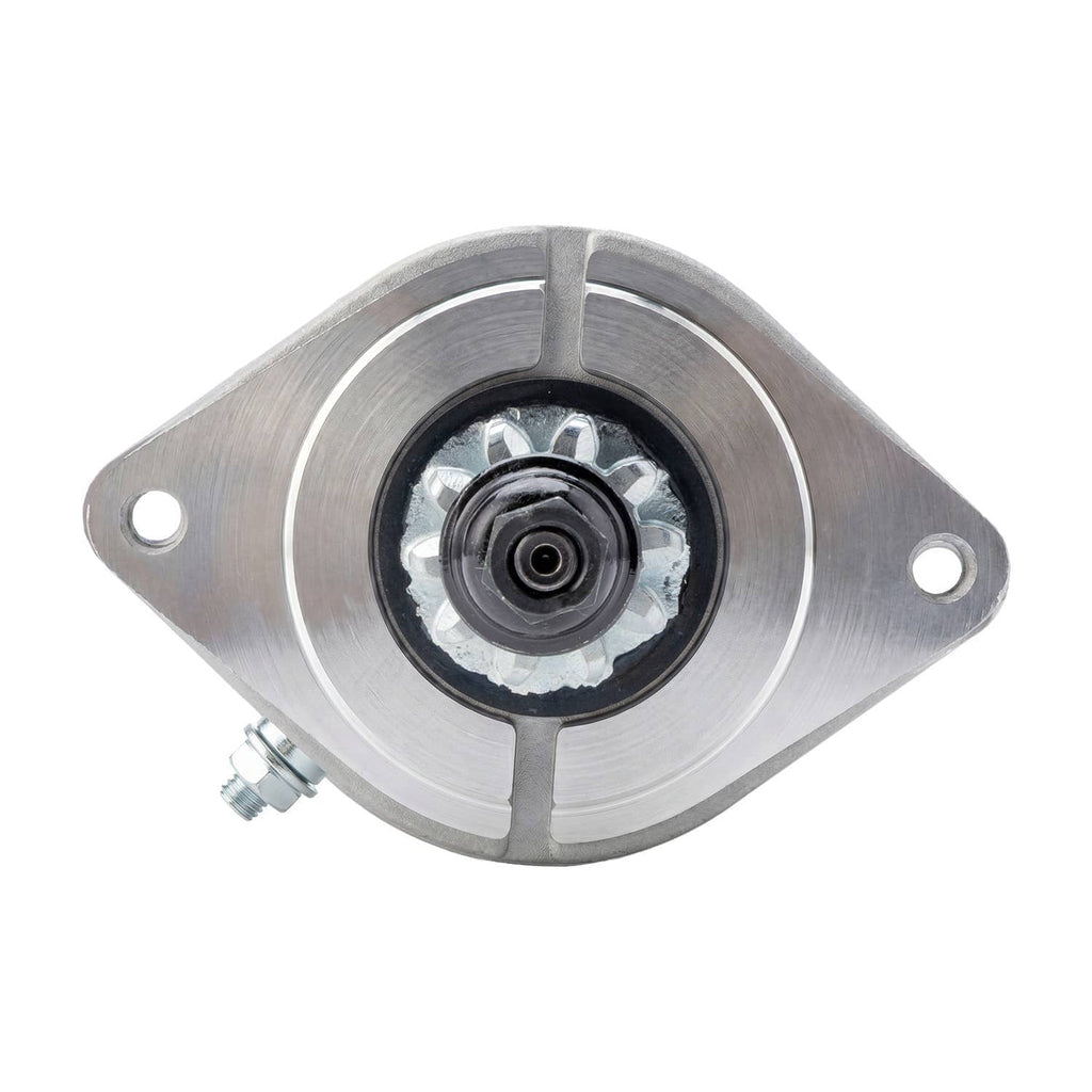 Black-and-silver starter motor end plate with mounting holes and central shaft
