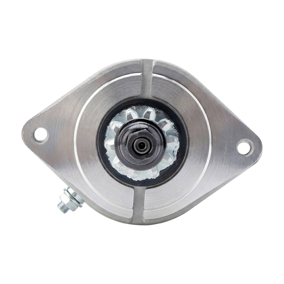 Black-and-silver starter motor end plate with mounting holes and central shaft
