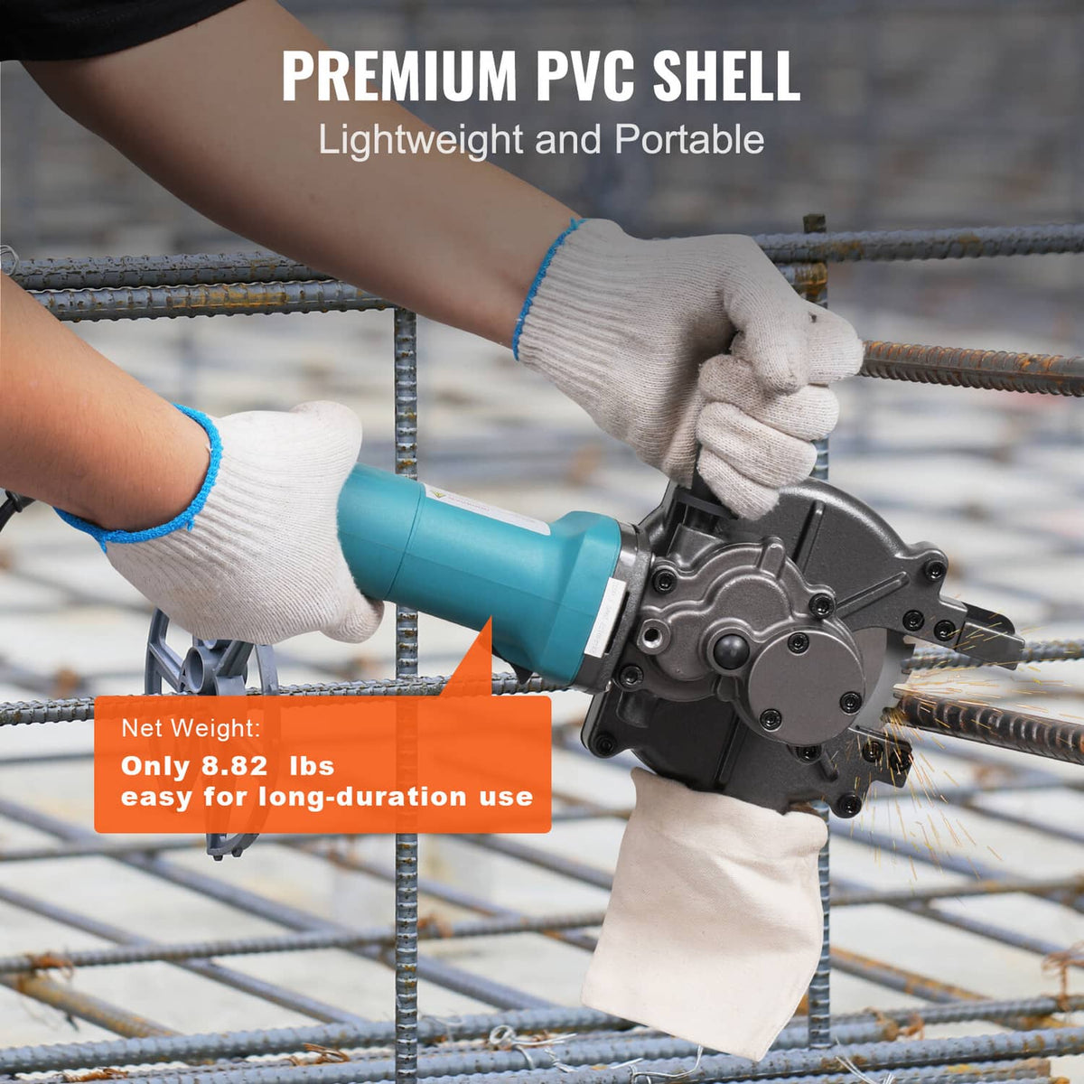 Electric rebar cutter held by gloved hands cutting rebar