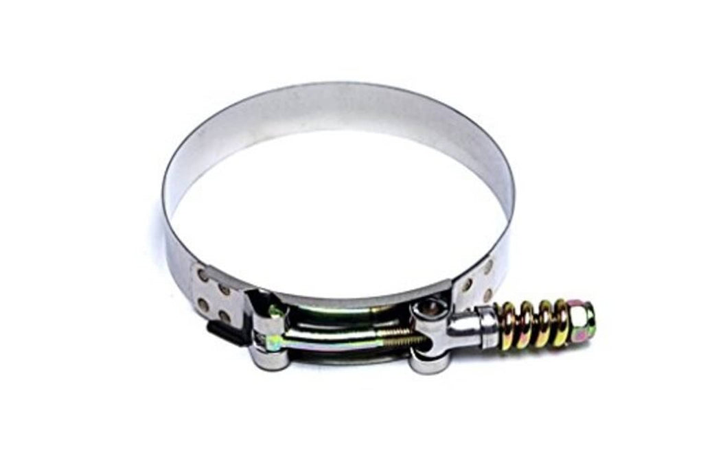 Stainless steel T-bolt clamp with coil spring and locking band segments
