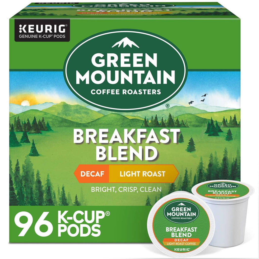 Green Mountain decaf breakfast blend K-Cup pods box with matching pod cup