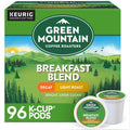 Green Mountain decaf breakfast blend K-Cup pods box with matching pod cup