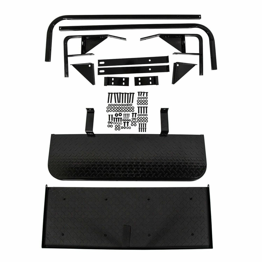 Black rear seat cushion pad frame and platform parts with mounting brackets and hardware