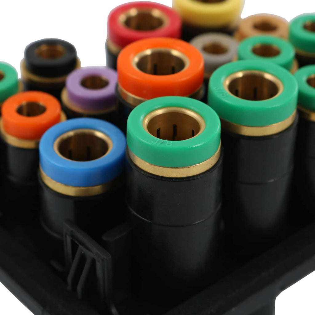 Tightly framed view of multicolor air manifold fittings with brass openings