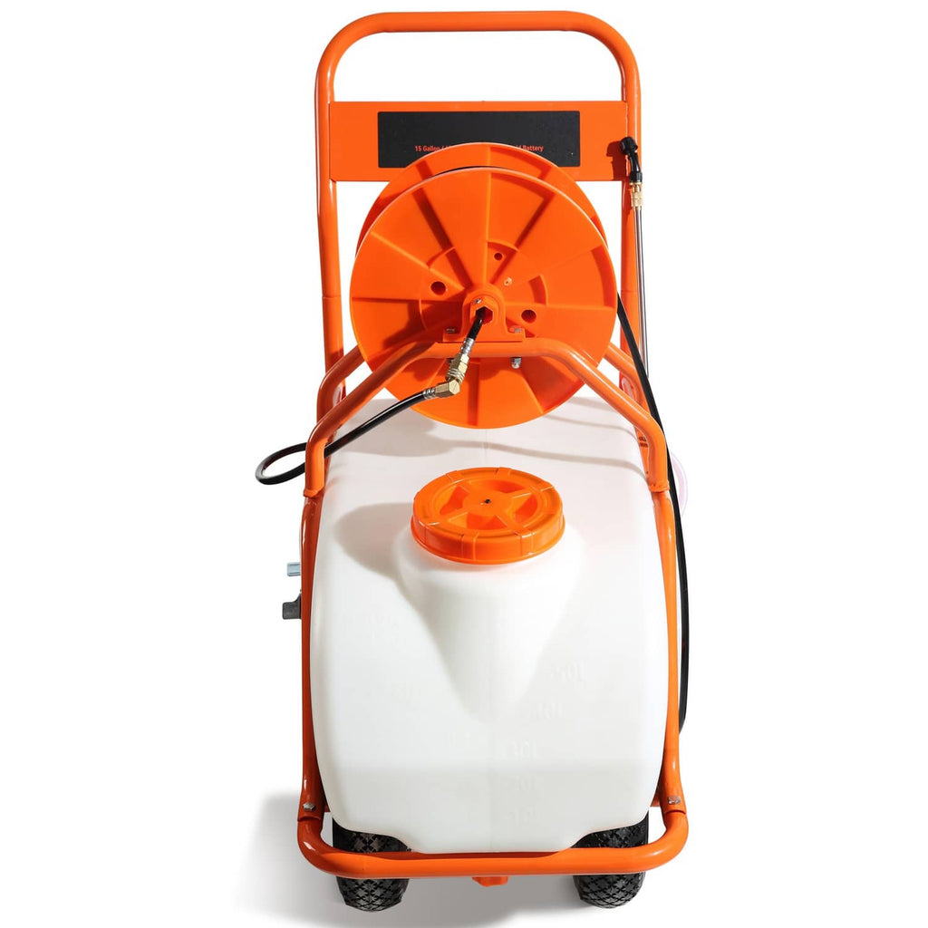 Battery-powered lawn sprayer cart, orange reel and handle, white tank, front wheels