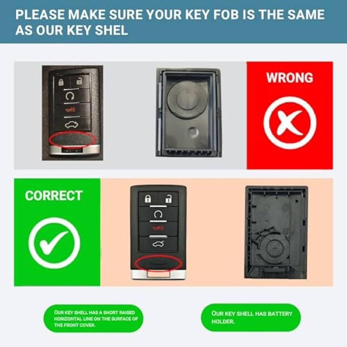 Black key fob shell fit guide showing correct and wrong matching examples