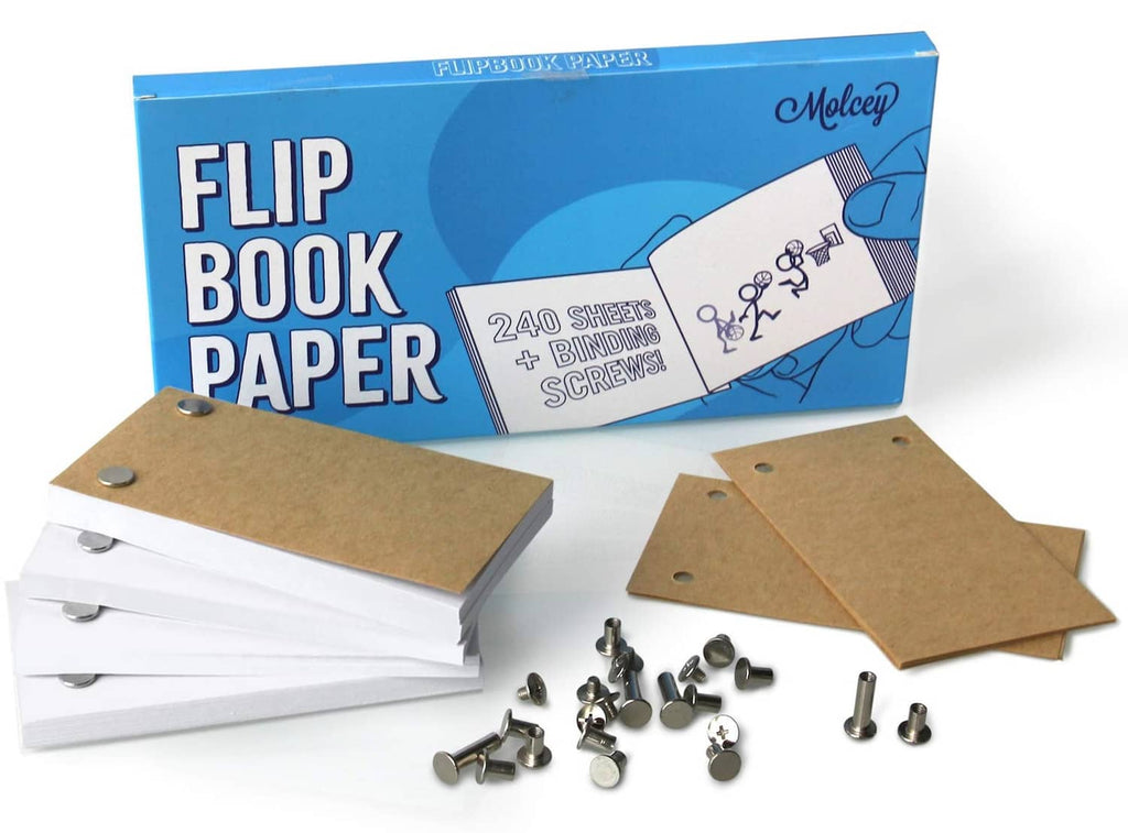 Flip book animation paper with prepunched sheets, binder screws, and storage box