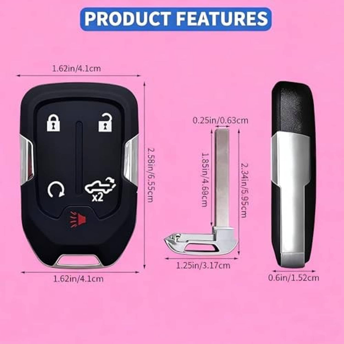 Black 5-button keyless remote key fob shell replacement with metal key blade detail