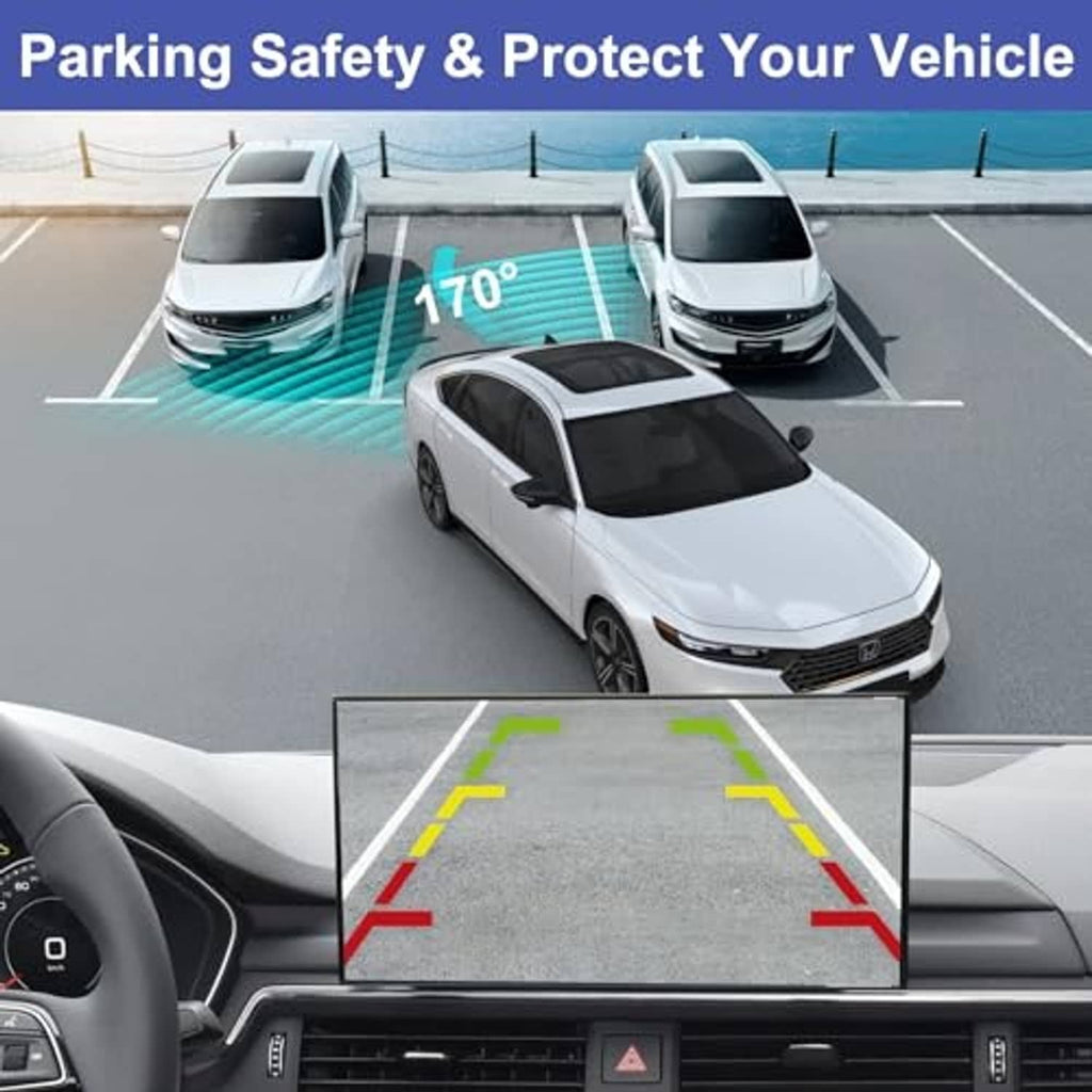 Vehicle rear view camera screen with parking guide lines in view