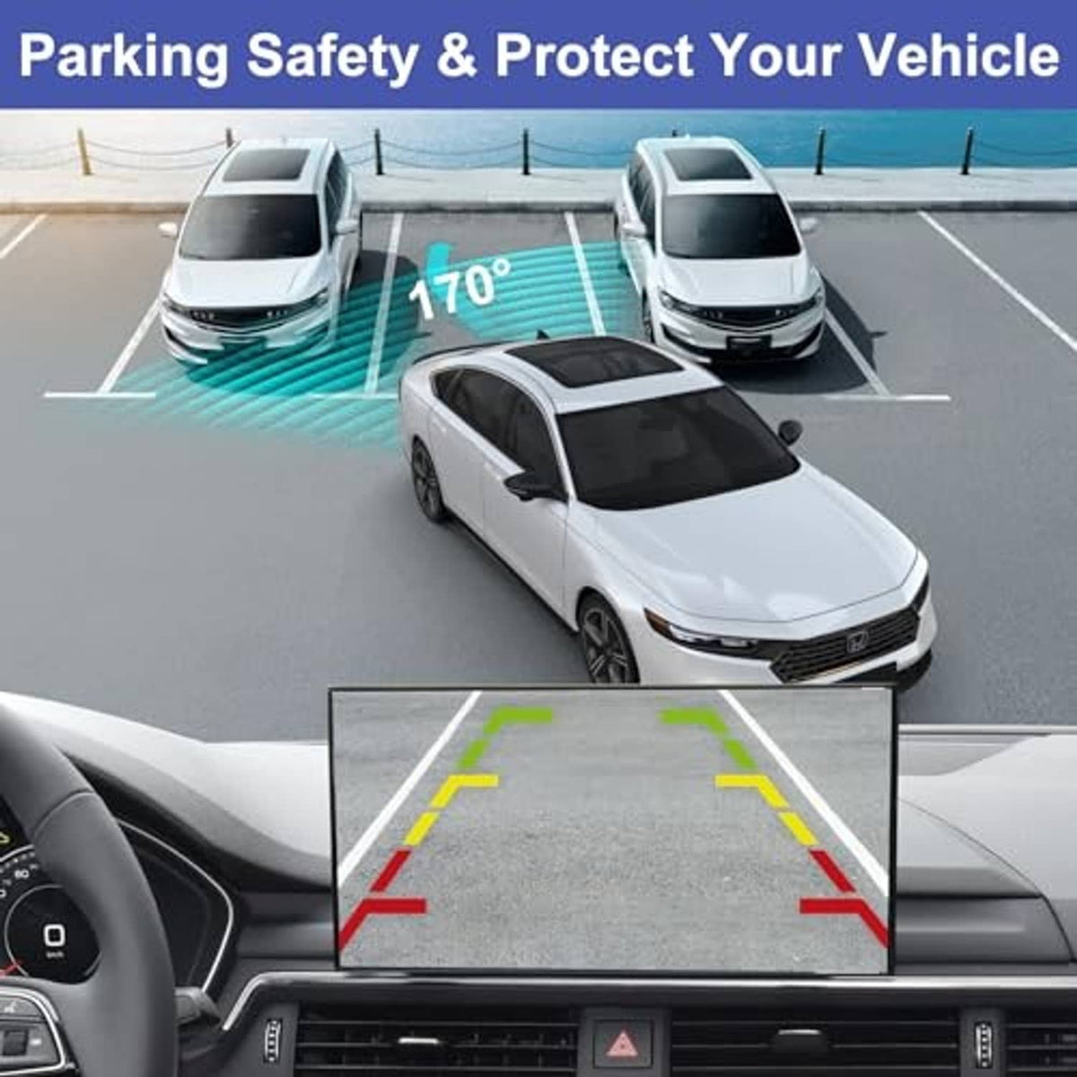 Vehicle rear view camera screen with parking guide lines in view