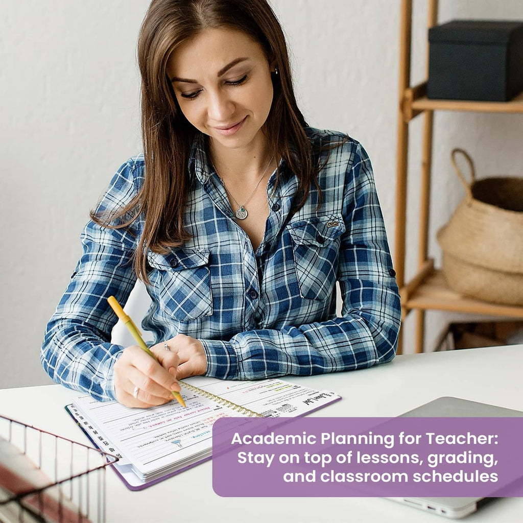 Teacher writing in a weekly planner at a desk with a pen and notes visible