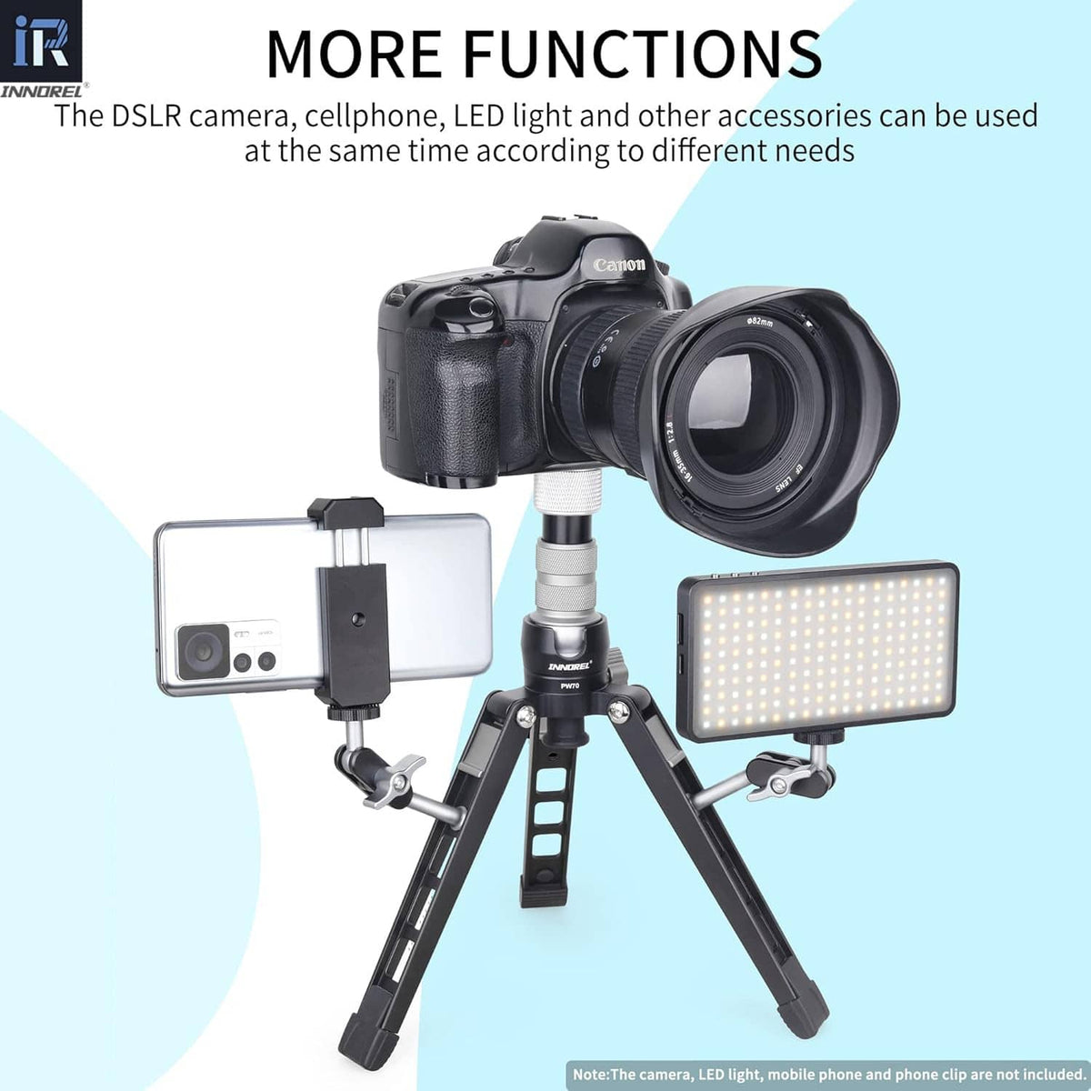 Tripod top accessory mount holding a phone, LED light, and camera simultaneously