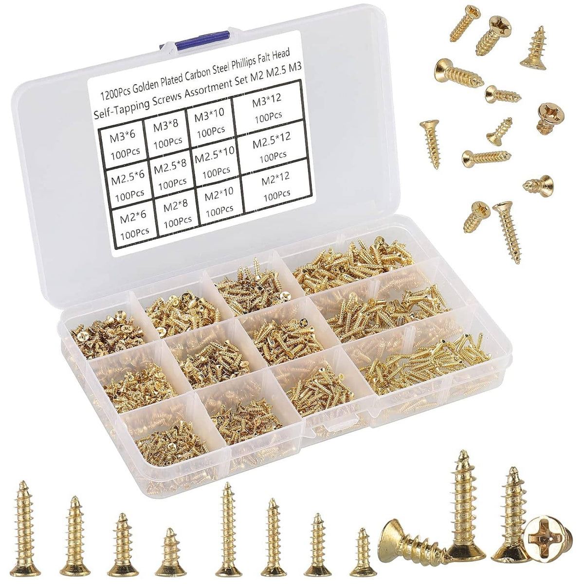 Assorted gold plated Phillips flat head self tapping screws with organizer case and loose screws