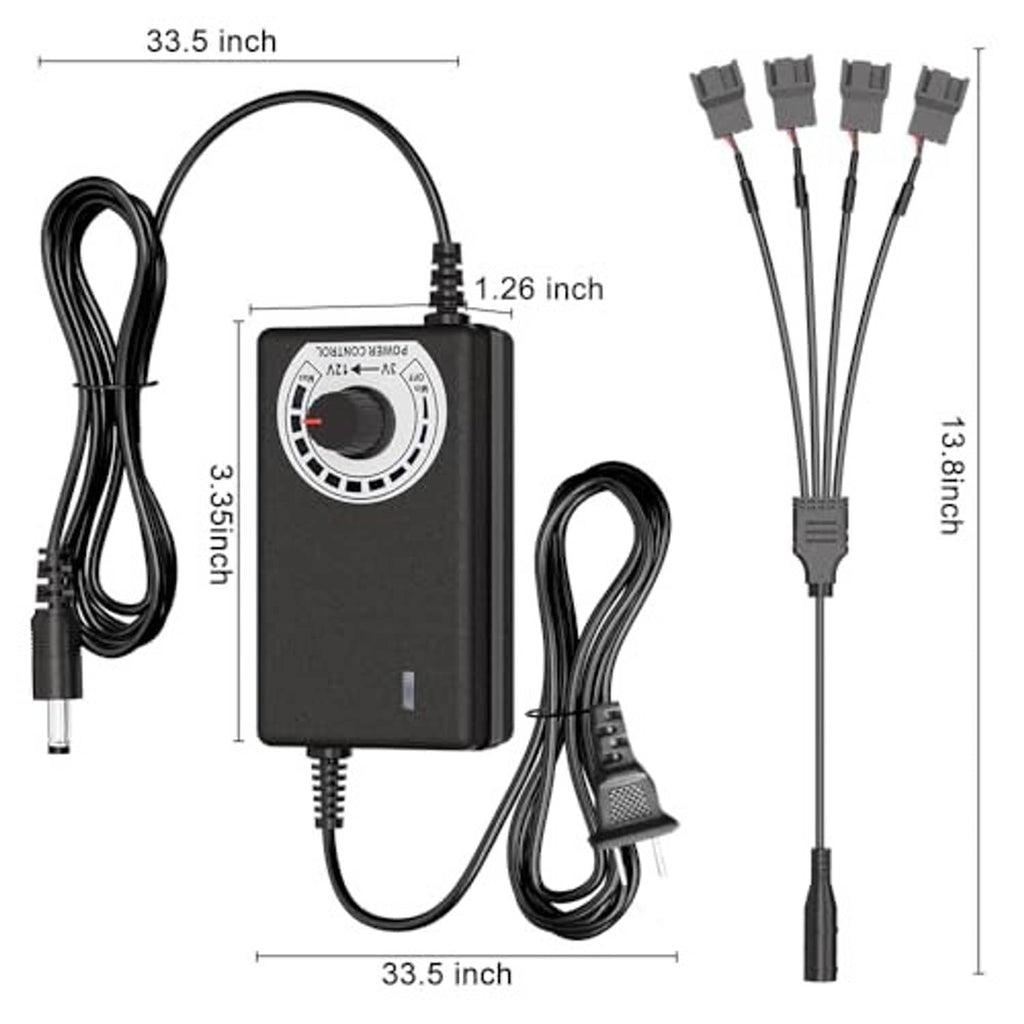 12V PWM fan hub with attached cable bundle and size dimensions diagram