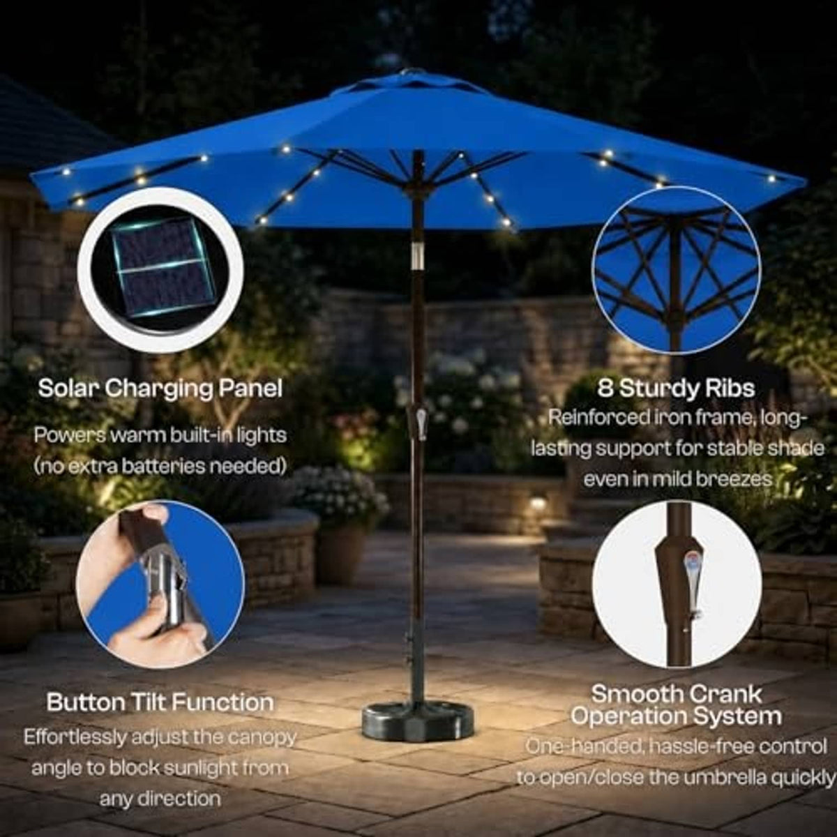 Blue patio umbrella with solar panel, 8 lit ribs, and button-tilt base