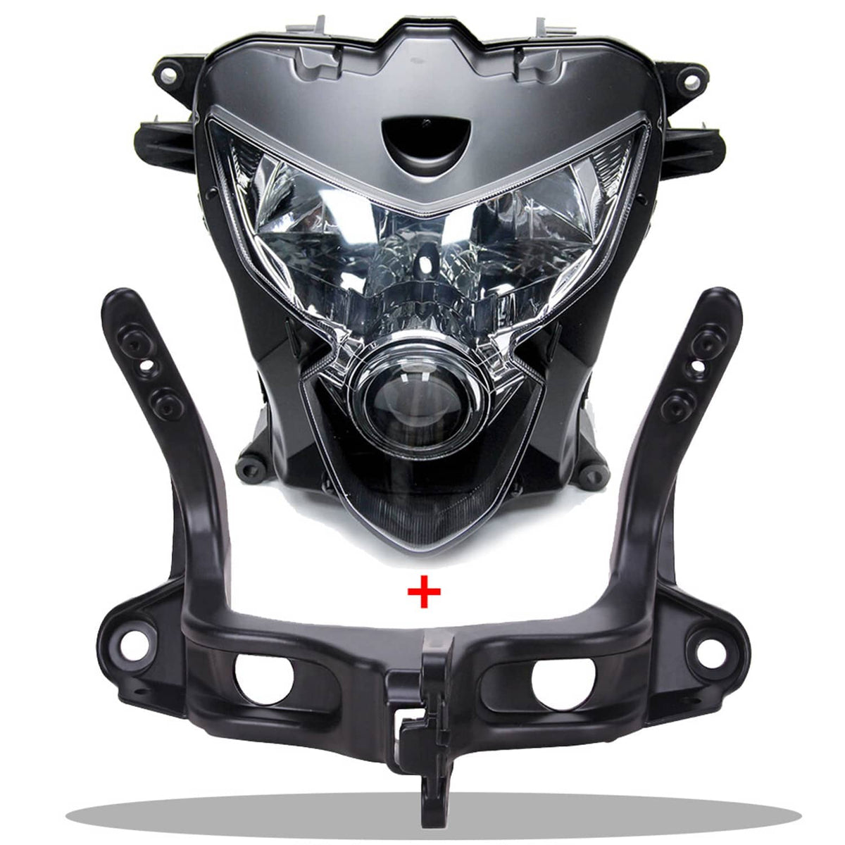 Motorcycle headlight assembly with black upper stay bracket and side mounting tabs