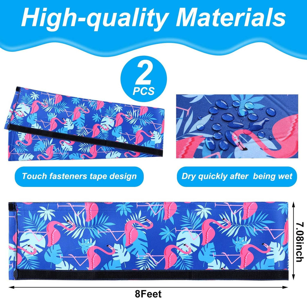 Two blue flamingo-patterned pool handrail covers, 8 ft long