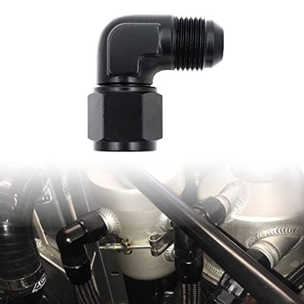 Black 90-degree AN flare swivel adapter with external threads and hex body