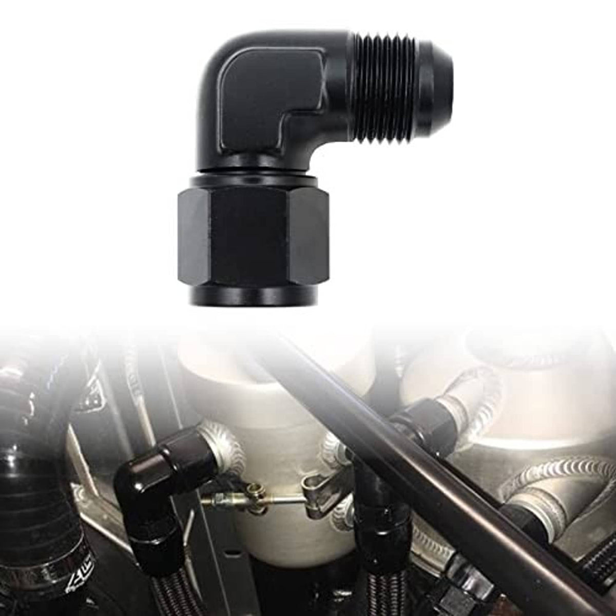 Black 90-degree AN flare swivel adapter with external threads and hex body