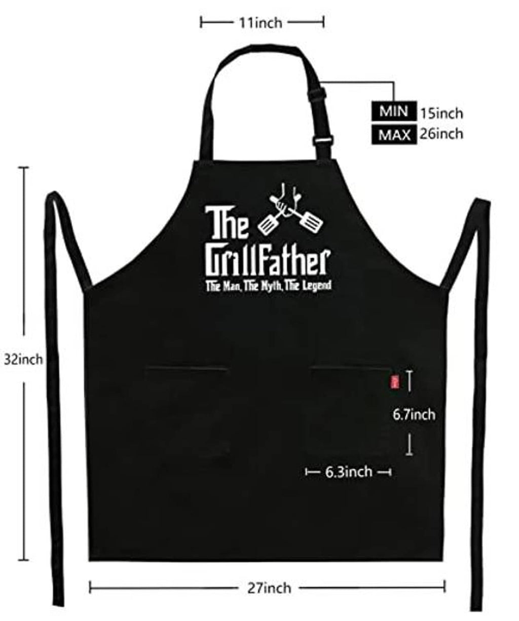 Black grill apron with adjustable neck strap and long waist ties; size diagram shown