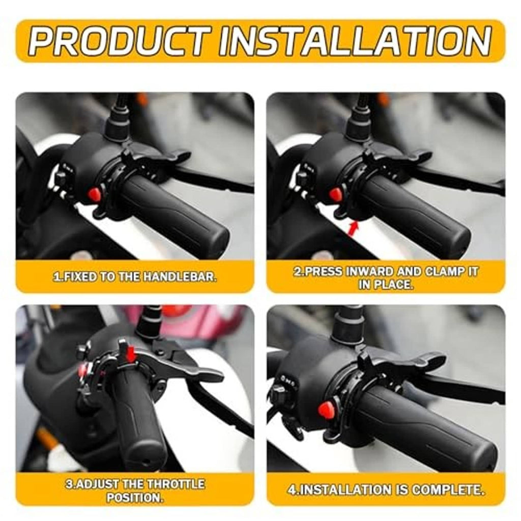 Throttle lock clamp installed on motorcycle handlebar with red control button