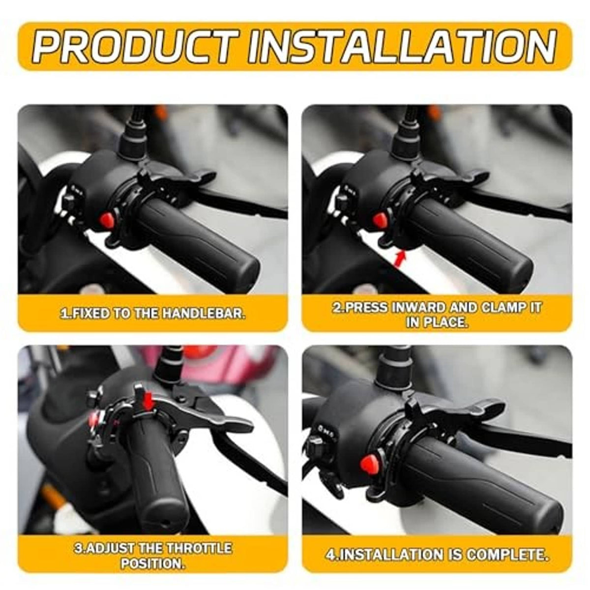 Throttle lock clamp installed on motorcycle handlebar with red control button