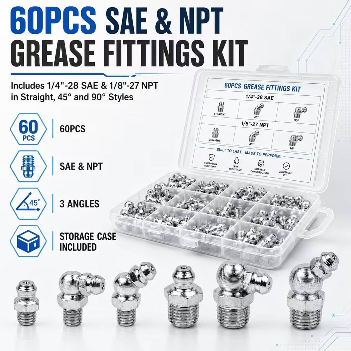 SAE and NPT grease fittings kit with clear storage case and assorted chrome fittings