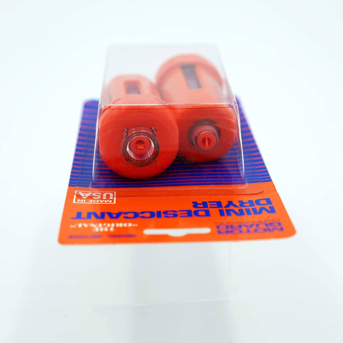 Mini desiccant dryer cartridges, two orange filter units in blue and orange card