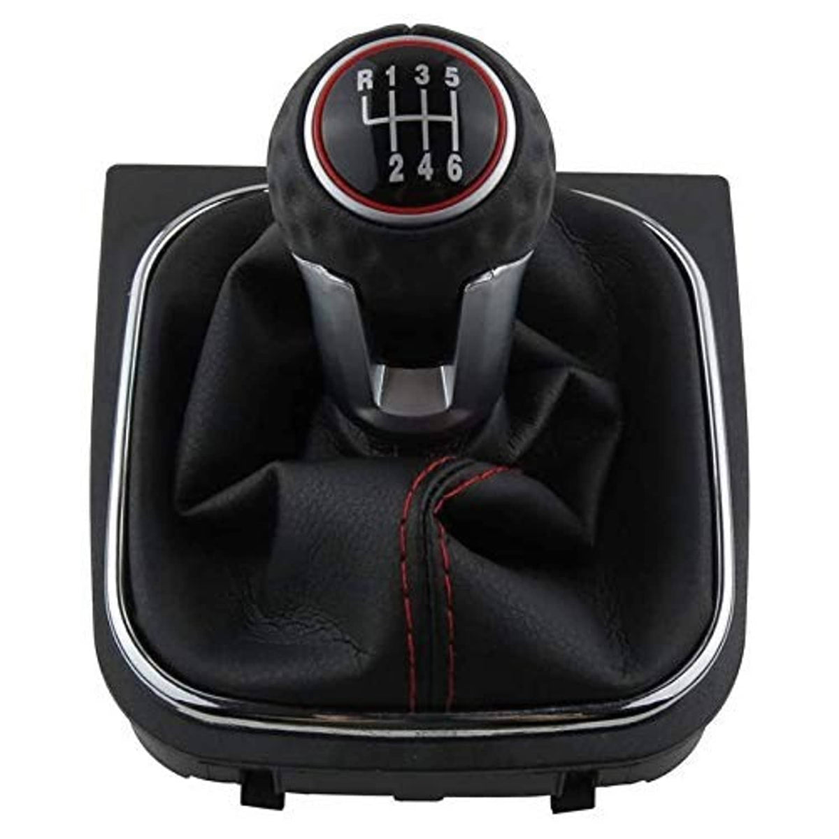 Manual gear shift knob with 6-speed dial, black leather boot and silver trim
