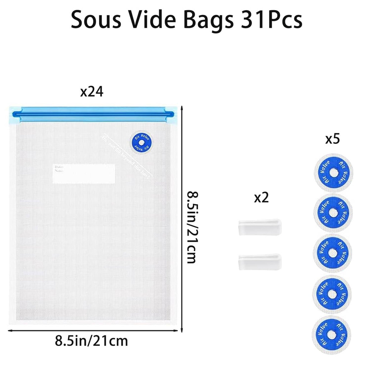 Vacuum sealer bags with blue zip tops and air-valve circles, multiple bag sizes