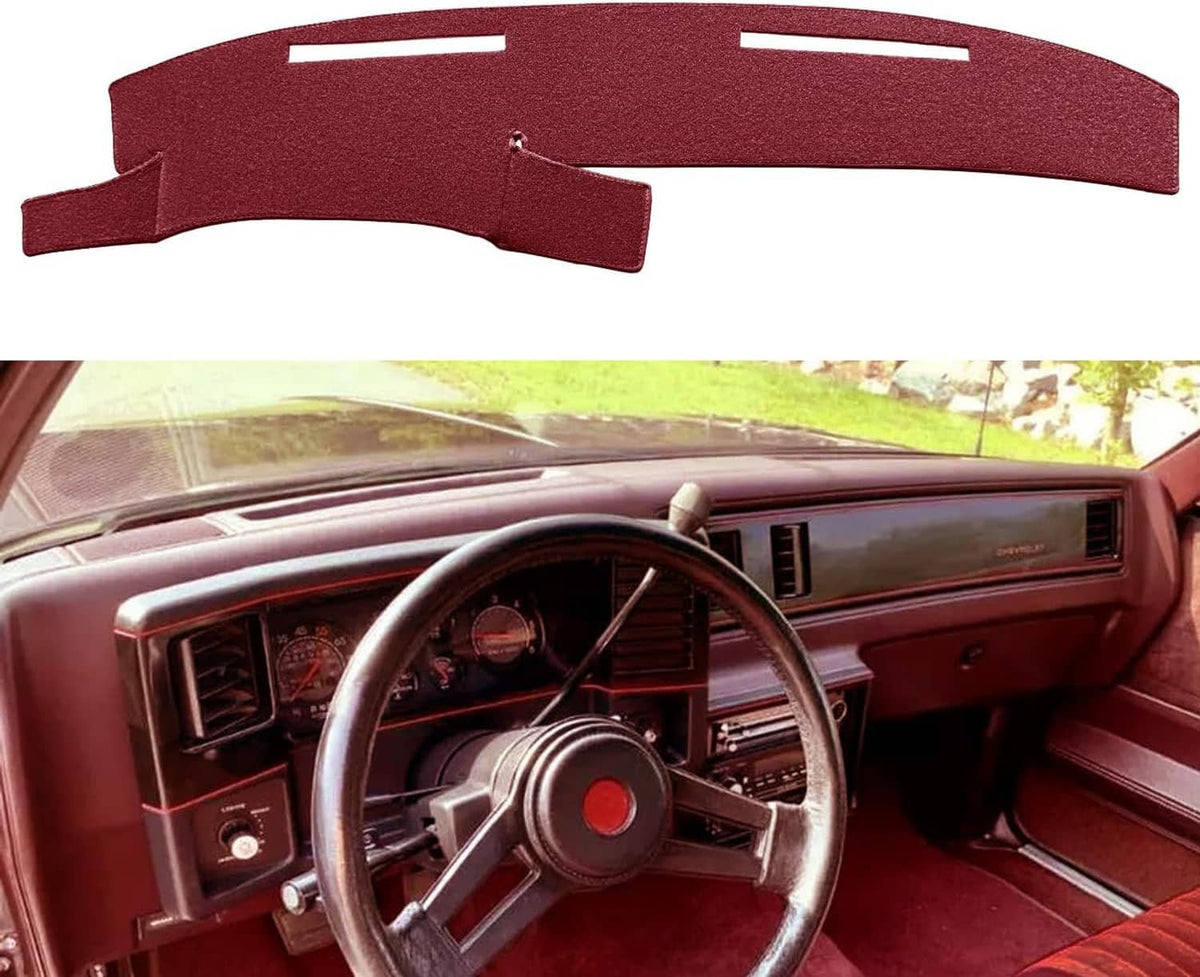 Maroon dashboard cover mat fitted on dash with vent and gauge cutouts