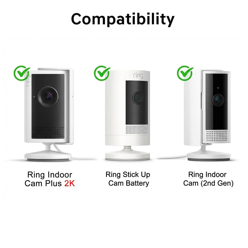 White indoor security camera mount shown in compatibility lineup with check marks