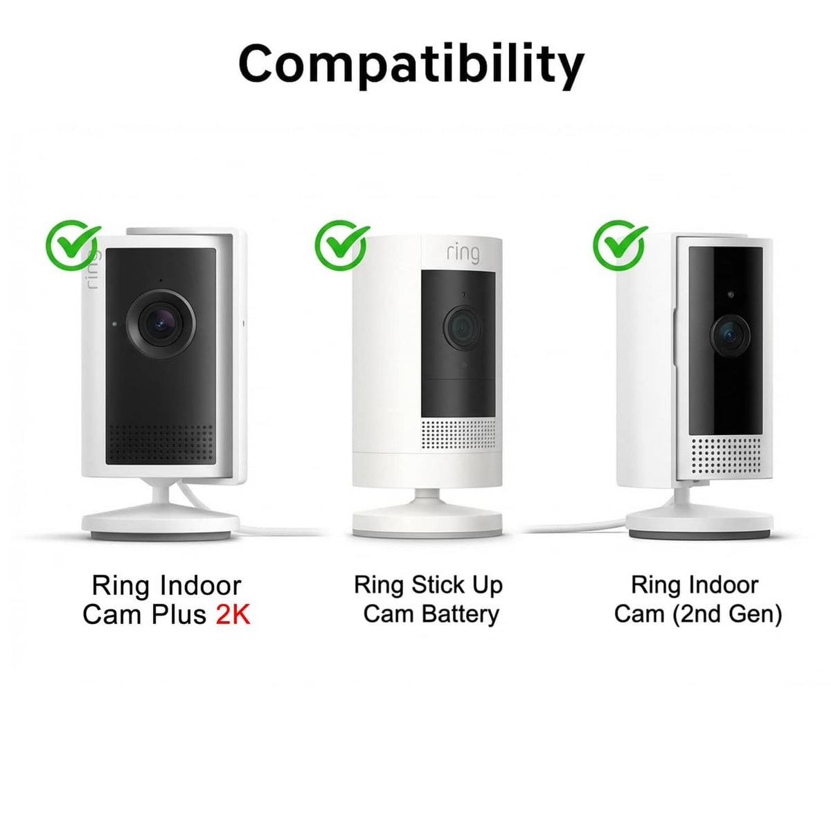 White indoor security camera mount shown in compatibility lineup with check marks