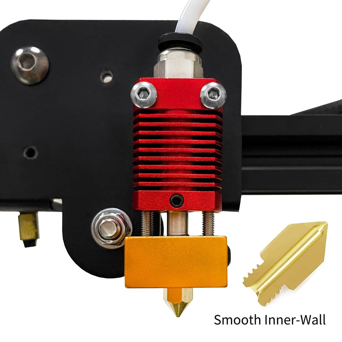 Brass 0.2mm MK8 extruder nozzle installed on 3D printer hotend assembly