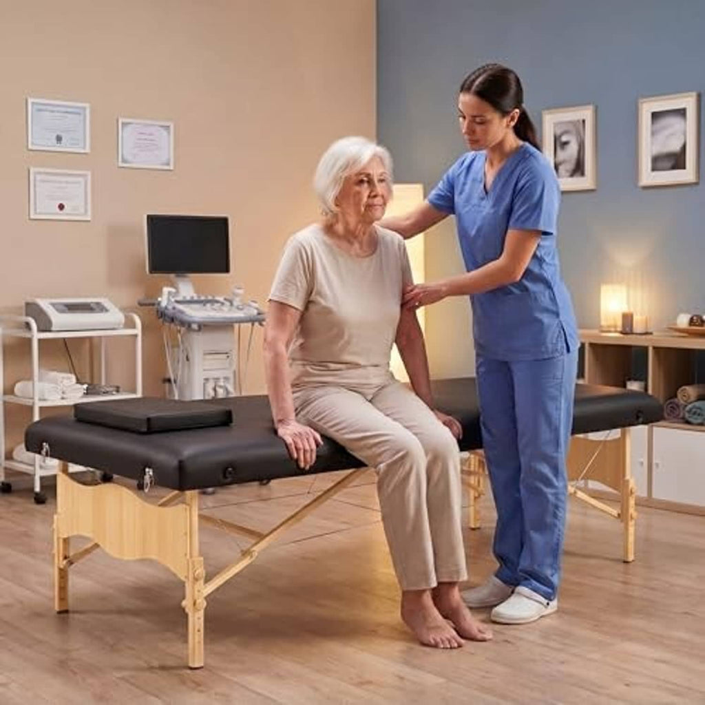 Portable folding massage table with black cushion used for seated and standing therapy