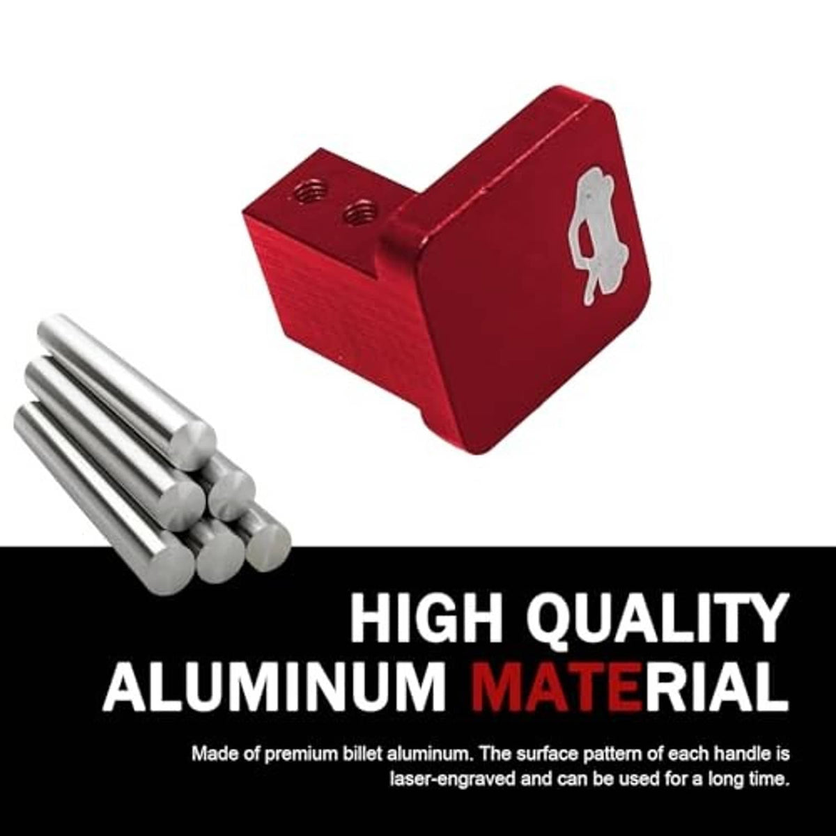 Red hood release handle with white icon and included silver pins