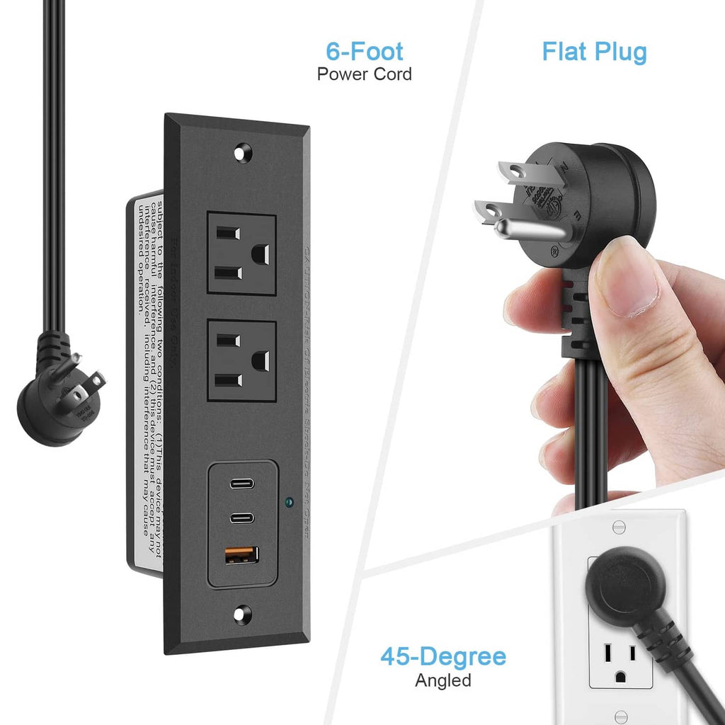 Recessed power strip with two AC outlets and two USB ports, angled and flat plug