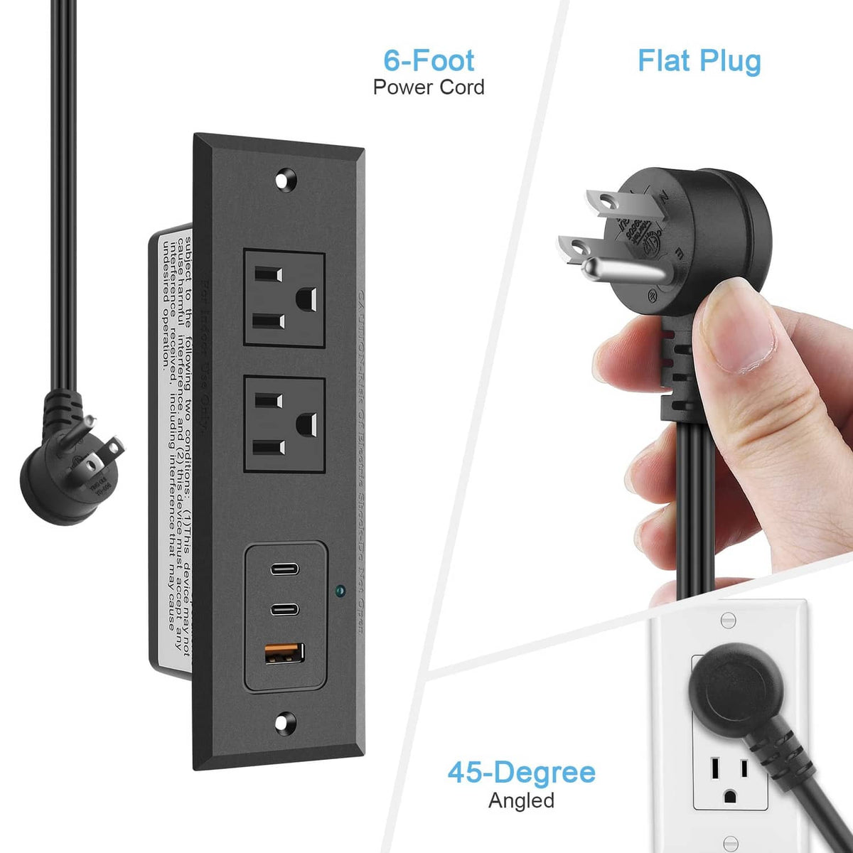 Recessed power strip with two AC outlets and two USB ports, angled and flat plug