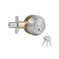 Satin nickel single-cylinder deadbolt lock with matching keys and faceplate