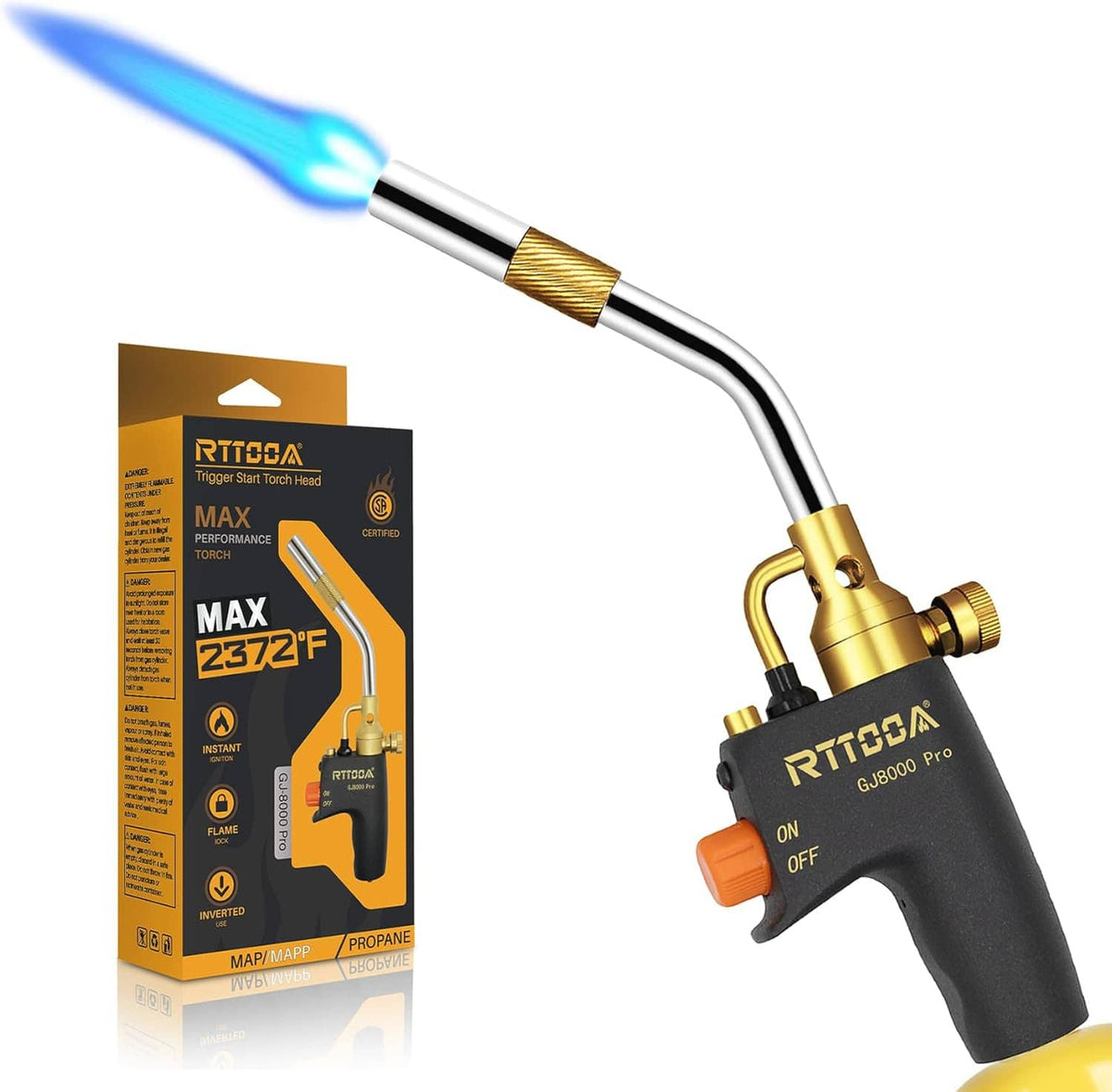 Propane torch head with blue flame, gold nozzle and black trigger handle.