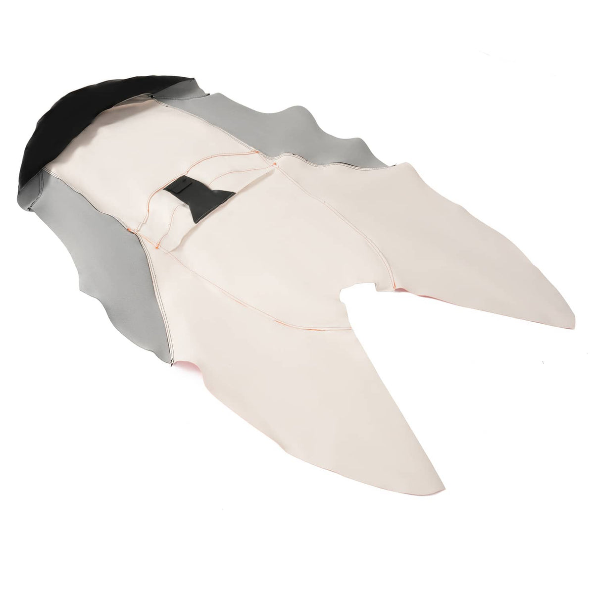 Jet ski seat cover top, cream white center with light gray panels and orange stitching