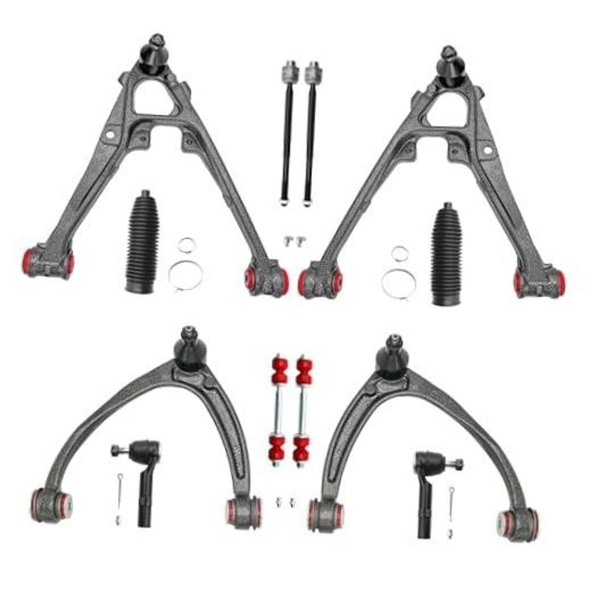Front control arm suspension kit set with two arms, boots, bushings, and bolts